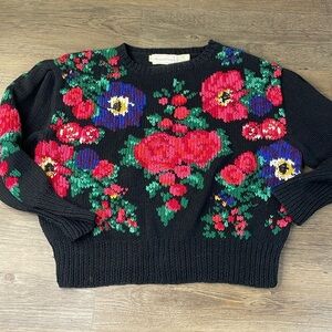 Vintage The Eagles Eye Hand knit Black Floral Sweater, size Medium